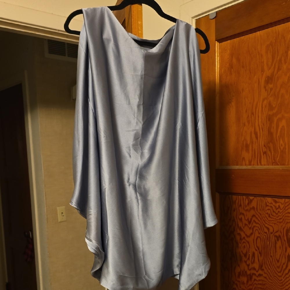 Quarzia Silk Light Blue Draped Butterfly Sleeve Top With Shoulder Cutouts